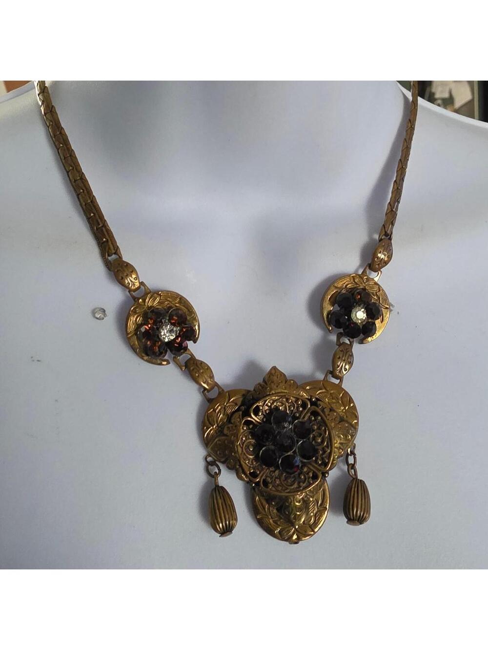 Rare Antique gold tone choker necklace with rhinestones and floral details